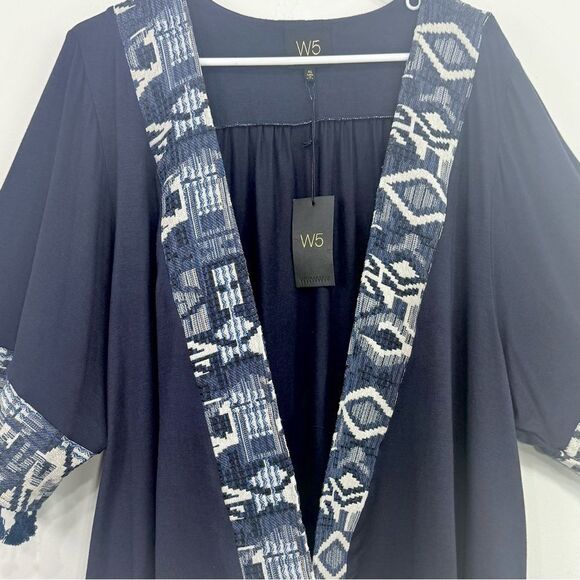 W5 Navy Blue White Tribal Trim Fringe Cuff Jersey Knit Cardigan NEW - Picture 5 of 13